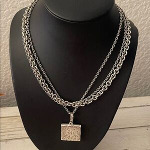 Vintage Lois Hill Sterling Silver Triple Chain Filigree Pendant Necklace.